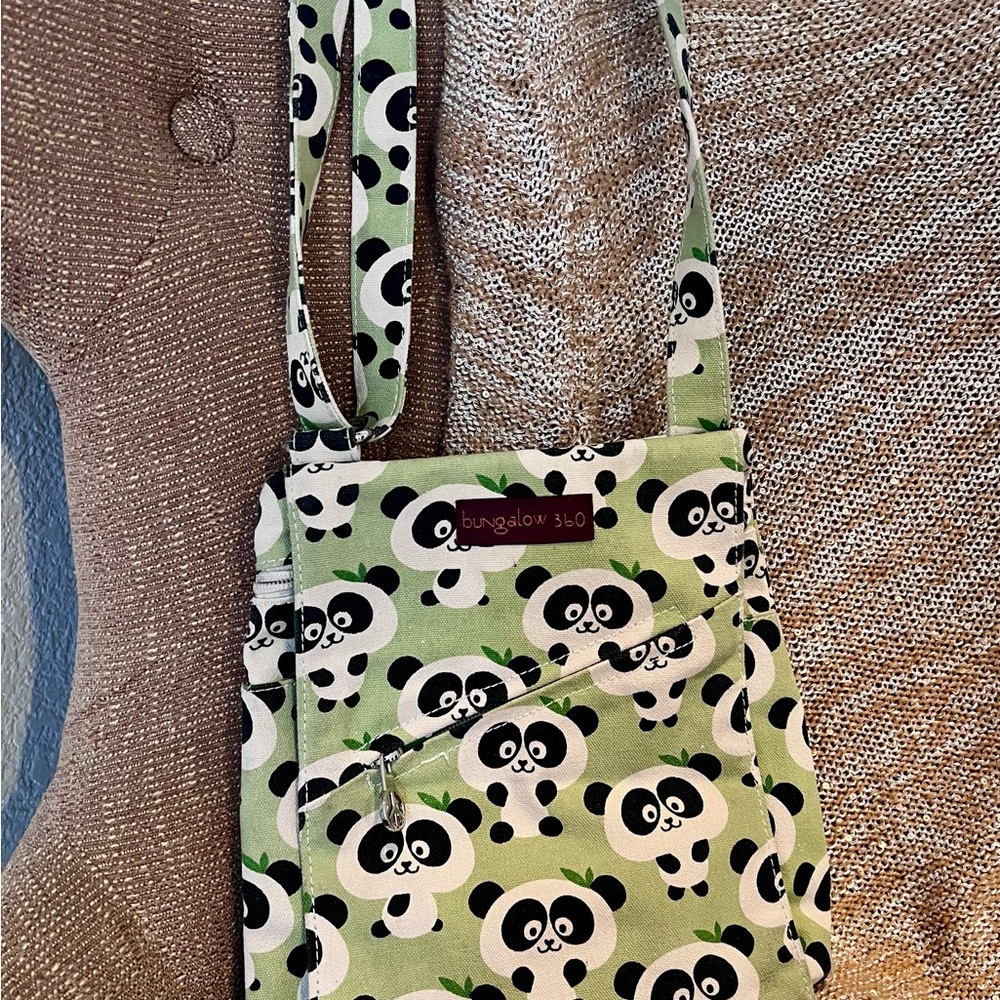 Bungalow360 Panda Print Crossbody Bag Zip Closure Green White Black Women